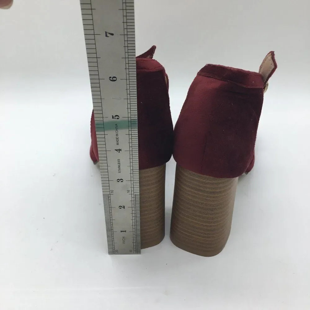 Red Round Toe Pumps Chunky Mid Heel Ankle Strap Dress Shoes - Picture 8 of 10